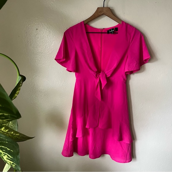 Lulus | Jewell Fuchsia Pink Tie-Front Ruffled Skater Dress - Picture 2 of 7